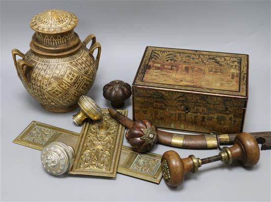 A lacquered tea caddy, door handles, etc.